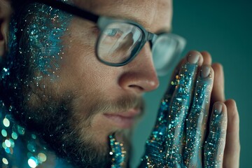 Green harmony: a portrait of stylish modernity and elegance. Mechanical being. Stylish brunette against a greenery canvas, glasses accentuated. Cyber awareness. Posthuman mind.