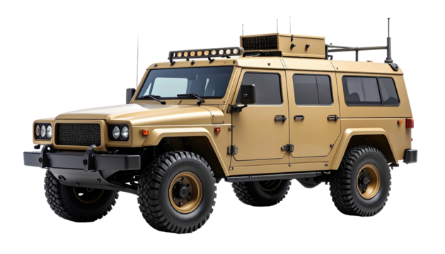 Tan all-terrain vehicle, boxy body, off-road tires, roof rack