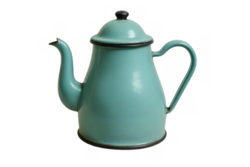 Vintage turquoise enamelware teapot, kettle, or coffee pot on transparent background, kitchenware and home decor
