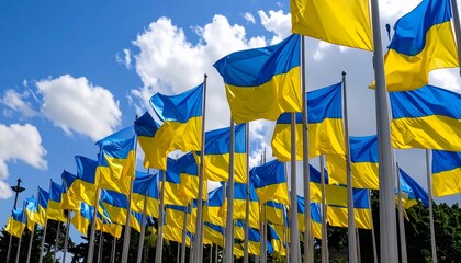 Multiple Ukrainian national flags with blue and yellow stripes waving in the wind against a bright sky, symbolizing unity and national pride.