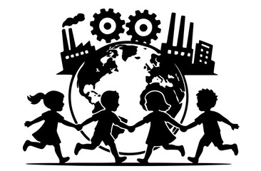 World Children&rsquo;s Day and Africa Industrialization Day black and white silhouette vector illustration