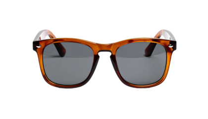 Tortoiseshell sunglasses with dark lenses on a black background
