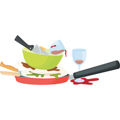 Pile Of Dirty Dishes And Cooking Utensils With Spilled Red Wine And Food Scraps On White Background