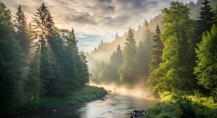 A vibrant sunrise over a flowing river through a lush green forest, sun rays piercing the trees