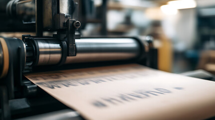 Vintage printing press in action, creating prints on kraft paper with a mechanical roller. The metal and blurred text add to the retro aesthetic, evoking nostalgia.