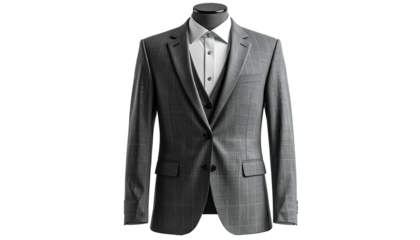 Gray suit, vest, and white collared shirt on a mannequin stand