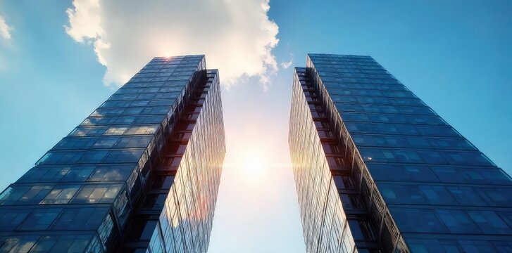 Two office buildings stand side-by-side, their windows reflecting each other, symbolizing collaboration and shared success in a modern cityscape , interdependence, joint venture
