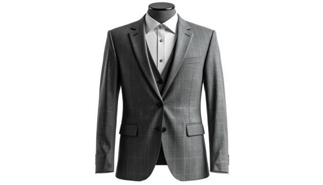 Gray suit, vest, and white collared shirt on a mannequin stand