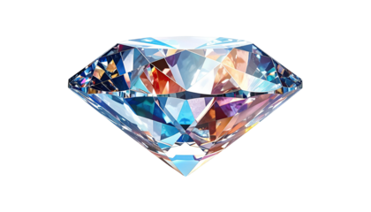 Faceted diamond with vivid colors and reflected light on black