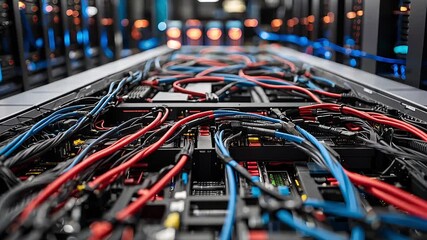 Data center server room network infrastructure connectivity information technology cables wires hardware equipment system computing processing storage - Powered by Adobe