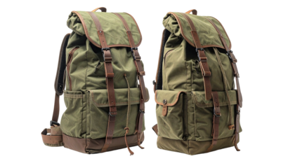 Two olive canvas backpacks with leather straps, side by side