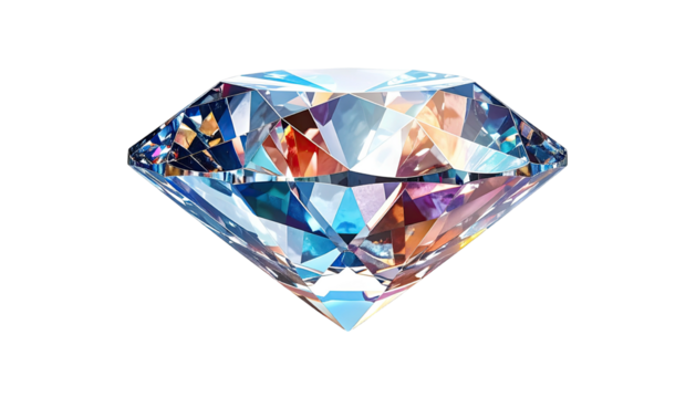 Faceted diamond with vivid colors and reflected light on black