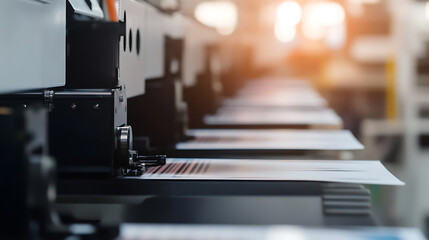Automated printing line in a modern factory setting. High-speed printers precisely print sheets with minimal human intervention. Focus on efficiency and production.