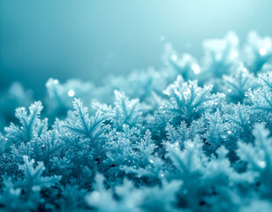 Macro shot of sparkling blue hoarfrost and ice crystals on a cold winter morning. The intricate frozen structure creates a beautiful, chilly nature background for seasonal designs.