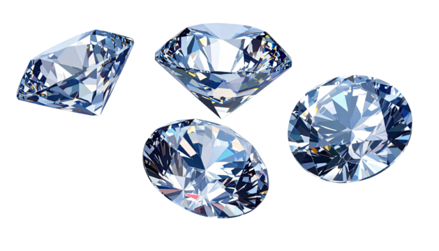 Four diamonds sparkle, with detailed facets, on a black backdrop