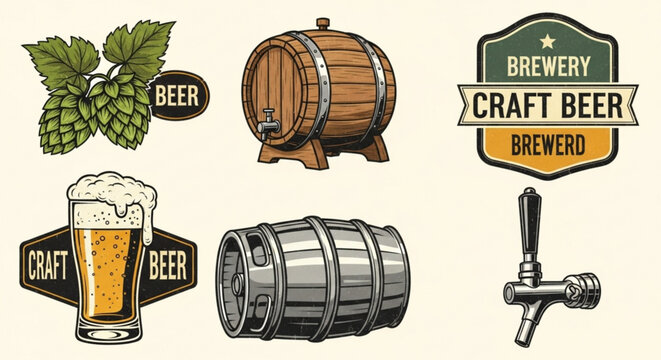 Vintage brewery elements set featuring hops, wooden barrel, metal keg, beer tap, and craft beer labels, ideal for brewery branding and design projects