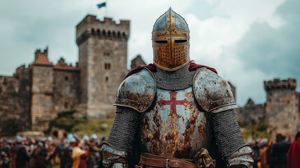 Knight in armor before a castle