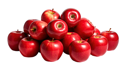 Glossy red apples piled high, stems pointing upward
