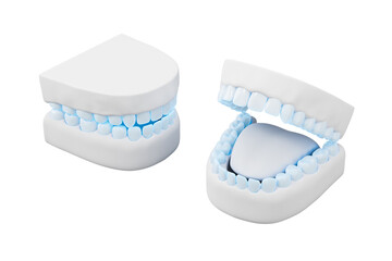 Realistic dental model rendering showing upper and lower teeth, one with open mouth and tongue, isolated on white background. Concept of oral anatomy. 3D Rendering © ImageFlow