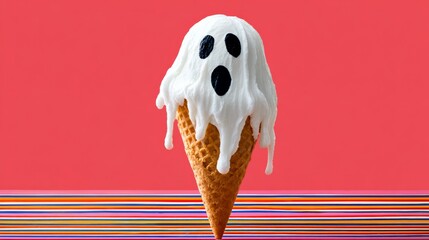 Ice cream cone topped with ghostly white swirl, featuring black eyes and mouth, set against vibrant pink background with colorful striped base, creating a playful and whimsical dessert concept