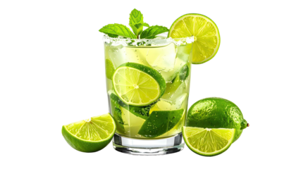 Refreshing mojito in a glass with lime wedges and mint leaves