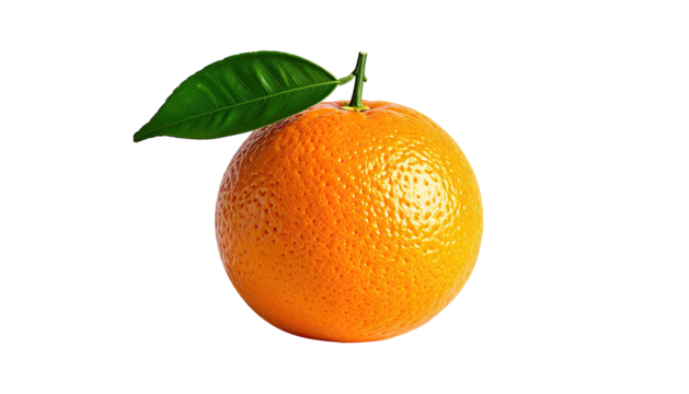 Ripe orange fruit with vibrant green leaf, isolated on black