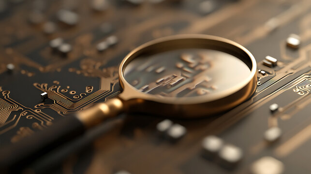 A close up of a magnifying glass over a circuit board. The magnifying glass has a gold rim and a black handle. The circuit board is gold and black. The image is in focus.
