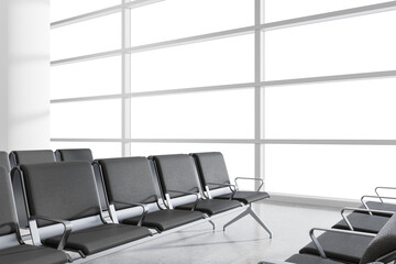Interior of modern airport seating area with empty chairs, realistic graphic style, isolated on white background with transparent windows, concept of blank mockup. 3D Rendering