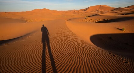 A person's silhouette casts a long shadow on undulating sand dunes under a blue sky