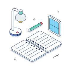 Isometric illustration of a lamp, notebook, and pencil for homework time