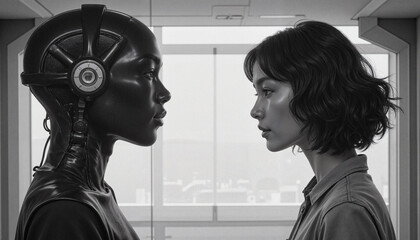 Robot and woman facing each other in a futuristic setting, black and white contrast