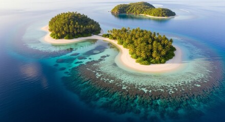 Aerial view of several tropical islands with lush green vegetation surrounded by coral reefs