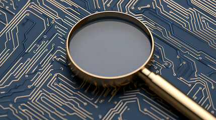 Magnifying glass over a blue circuit board, close-up view. Focus on detailed circuitry, examining technology. Golden accents highlight intricate pathways, for a tech-inspired design.