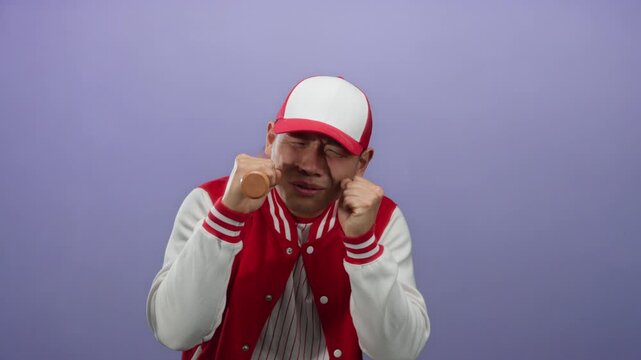Young man in a baseball uniform stands against a purple background, showing emotion with bat resting on his shoulder, wearing a red and white cap and varsity jacket.