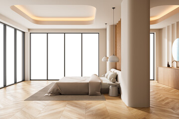 Contemporary bedroom interior with bed, pendant lights, and large transparent windows, in modern minimalist style on white background. 3D Rendering