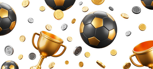 Floating golden trophies, stylized soccer balls, and silver-gold coins on white isolated background. Concept of championship rewards. 3D Rendering