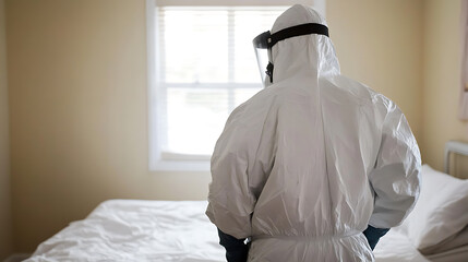 Healthcare worker in full PPE stands in a patient room, ready to provide care. Protective suit and face shield ensure safety in a contained environment.
