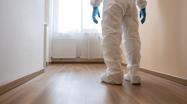 Person in protective suit, blue gloves stands in hallway, safeguarding against infections. Clean environment with natural light.  Sanitized space,  ready for tasks.