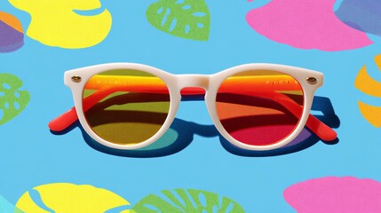A pair of sunglasses with a yellow and red frame. The sunglasses are on a blue background with a tropical theme