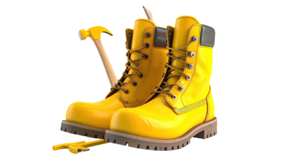 Pair of glossy yellow work boots with hammer tools