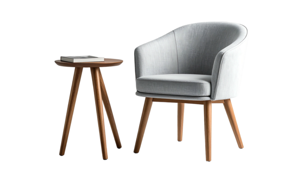 Grey armchair and small wood side table against a black background