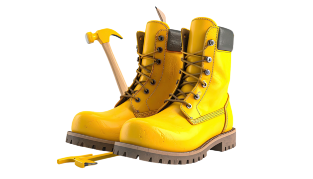 Pair of glossy yellow work boots with hammer tools