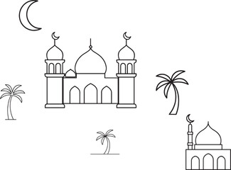 Islamic Cultural Landscape Icon Set: Mosque, Crescent Moon, and Palm Trees