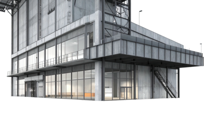 Concrete building exterior; modern architecture, glass facade