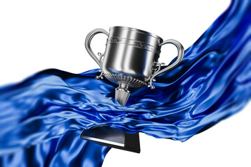 Silver trophy cup with decorative handles wrapped in flowing shiny blue silk fabric, 3D Rendering style on white background, luxury award concept