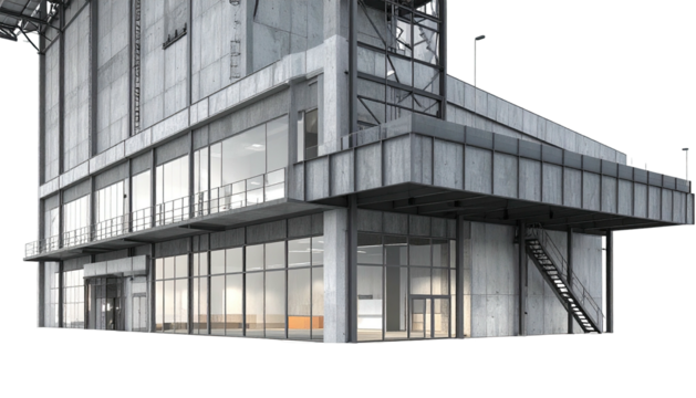 Concrete building exterior; modern architecture, glass facade