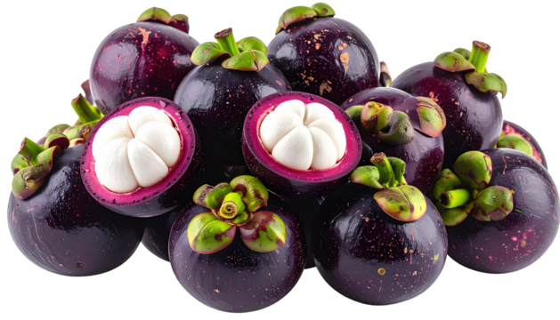 Pile of dark purple mangosteens, one cut to expose white interior