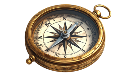 Antique compass with golden casing, pointing north