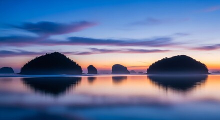 Calm ocean reflecting islands under a pastel sunrise sky. Hazy clouds, tranquil scene
