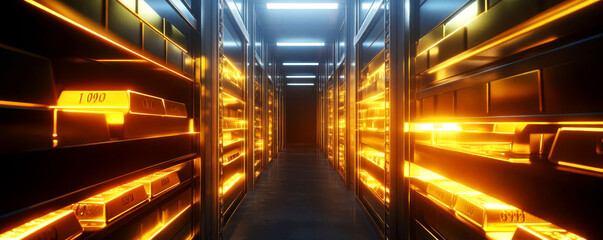 A vault filled with glowing gold bars, representing the purity and security of gold as a longterm investment